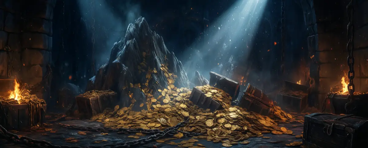 The Gore Rank treasury: chests and a mountain of gold coins in a torchlit vault